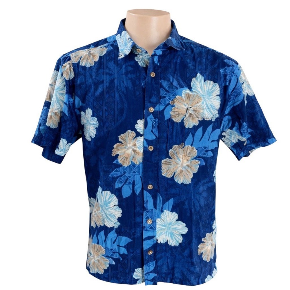 Cooke Street Hawaiian‎ Aloha Shirt Medium Floral Hibiscus Flowers Tribal Blue